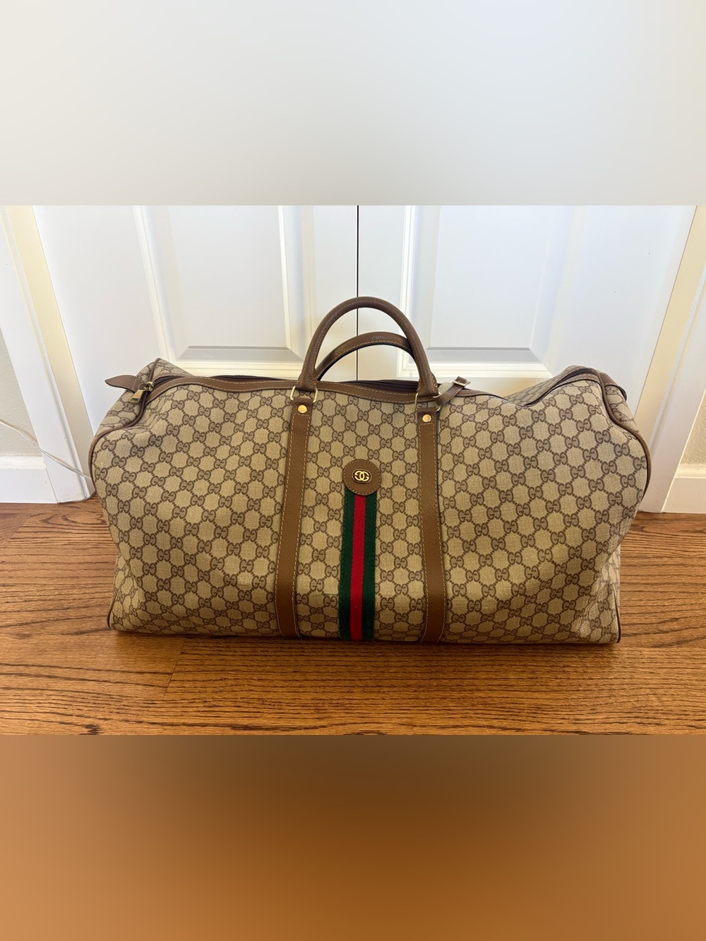 Gucci Brown Beige GG Supreme Canvas Duffel with Green-Red Web